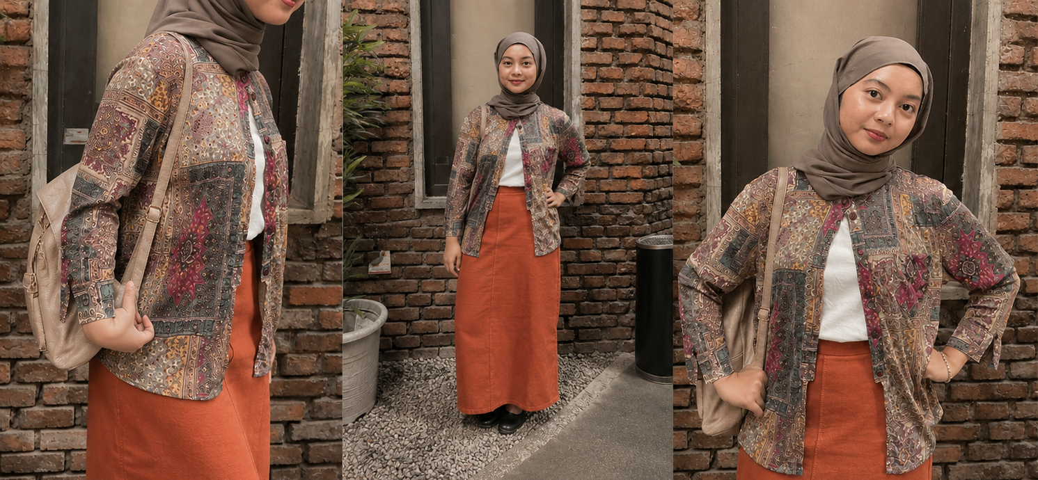 Perempuan mengenakan koleksi Hanari dengan motif klasik